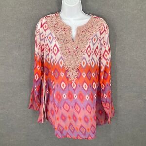 Soft Surroundings Womens Tunic Top Size 8 Diamond‎ Print Embellished Pink Orange